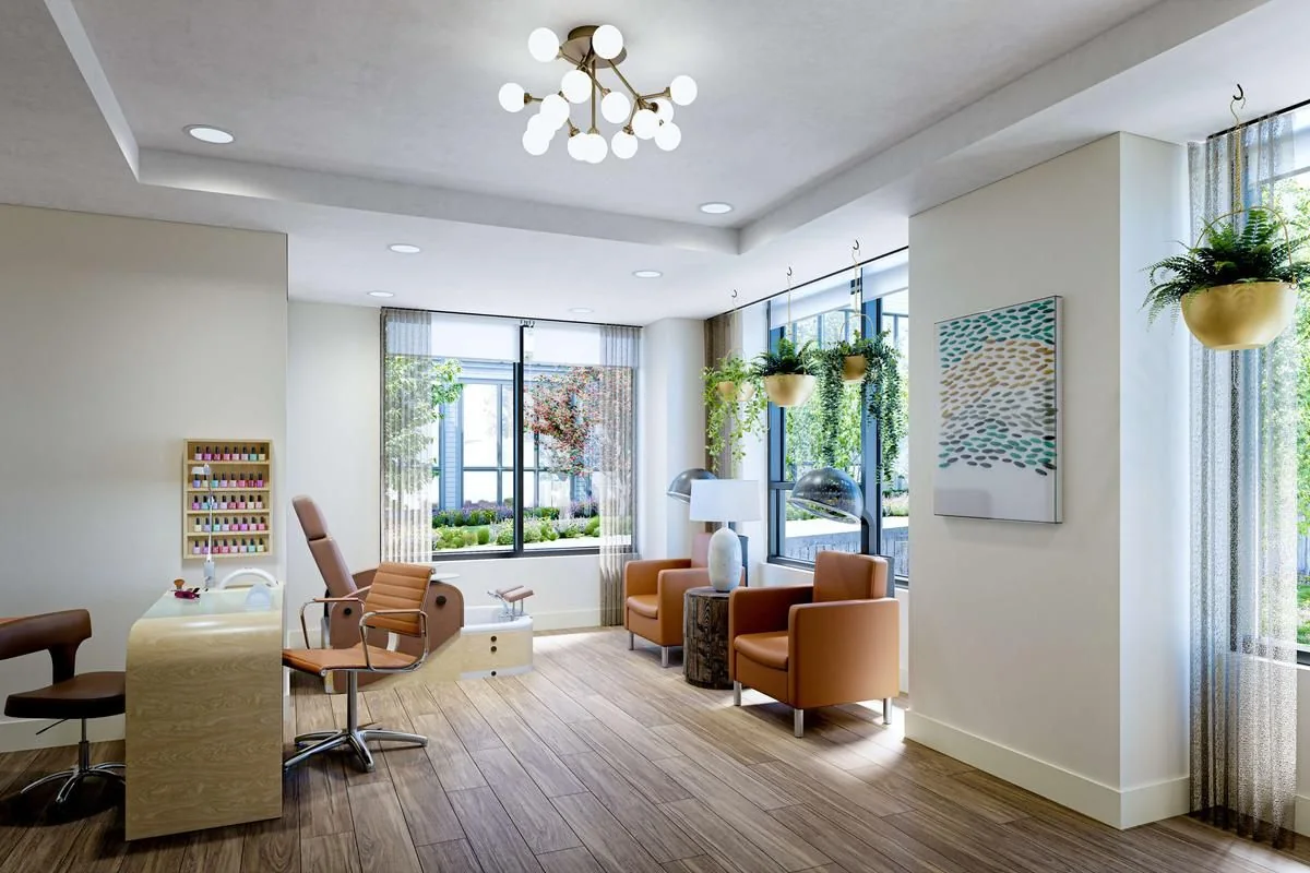 A bright senior community salon with styling chairs and natural light
